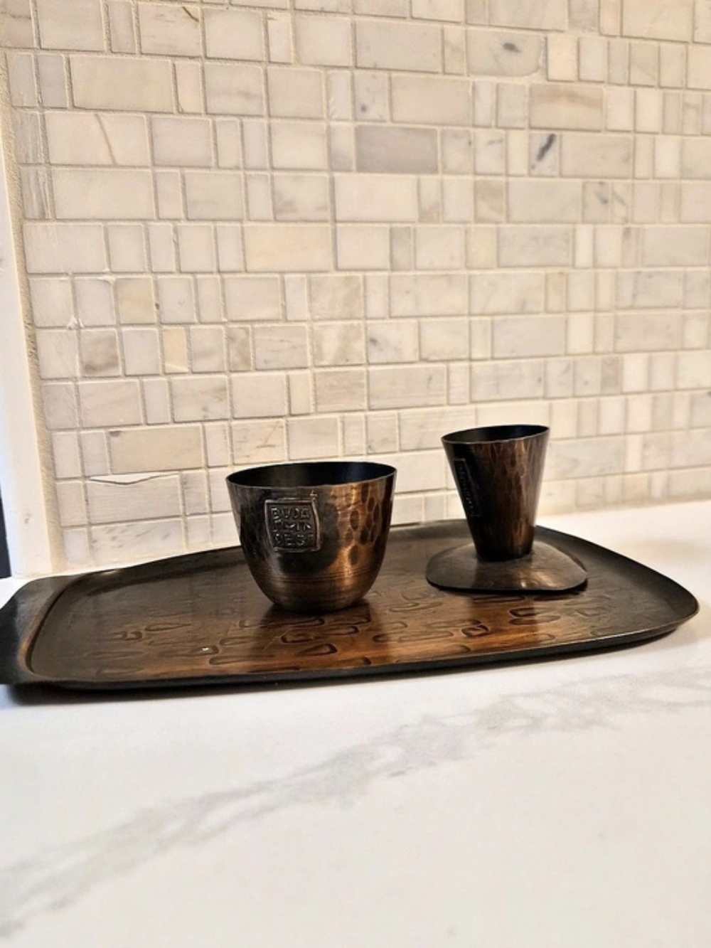Vintage Mid-Century Hungarian Hammered Metal Liqueur Set – Tray & 2 Cups